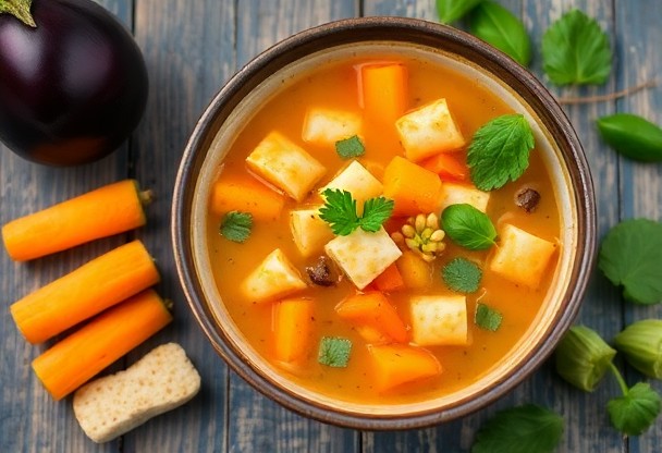 Суп из баклажанов с овощами и курицей: как создать согревающий и полезный суп.